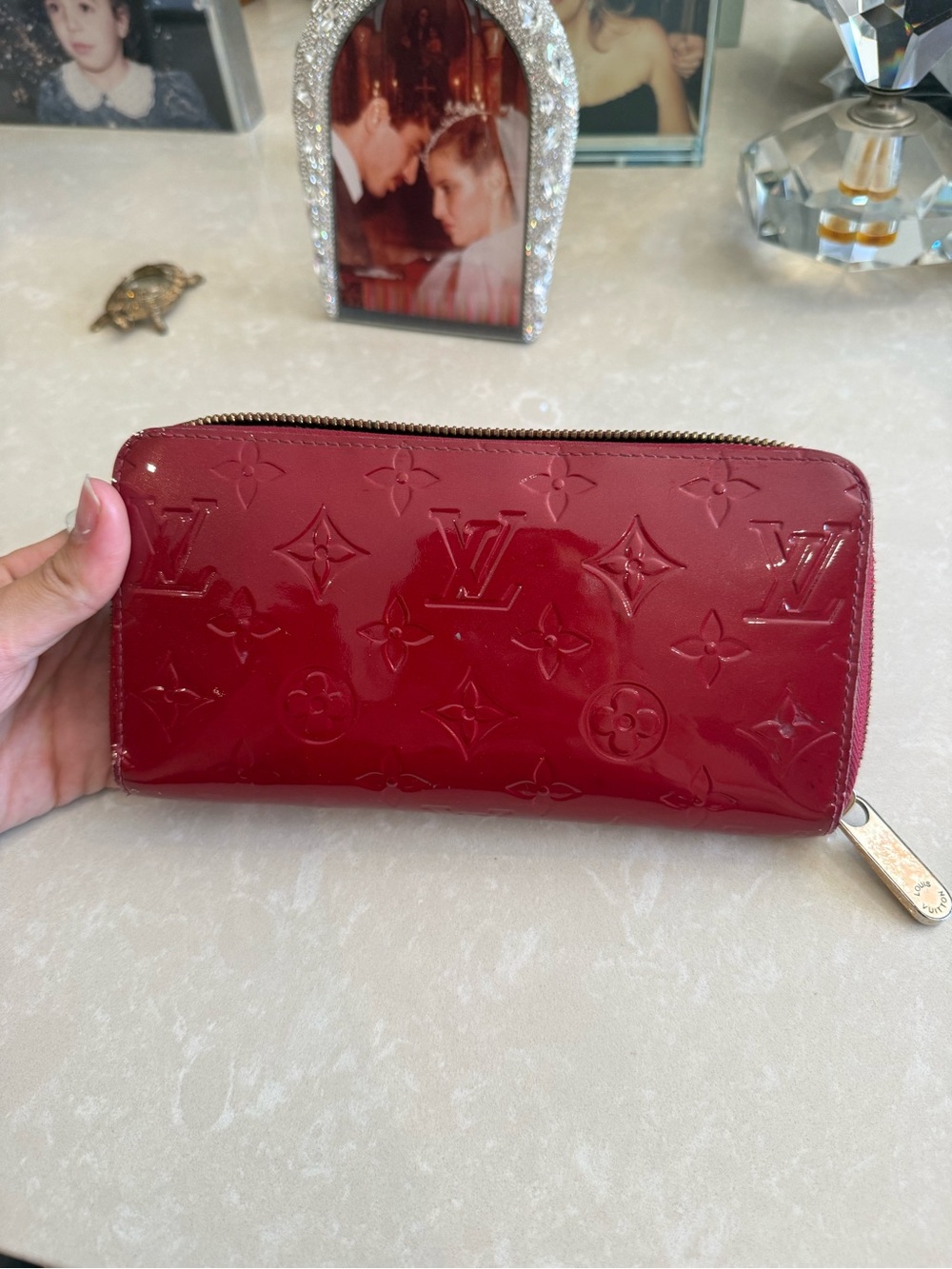 Louis Vuitton Vernis Burgundy Zip-Around Wallet with Gold Hardware